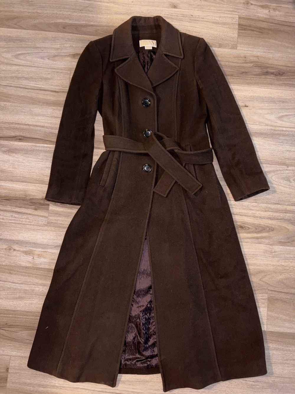 MICHEAL KORS Women's Long Brown Belted Wool-Blend Coat